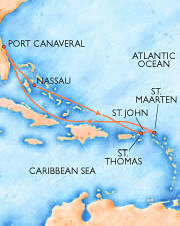 Picture of a map of the ports of call for our caribbean cruise on the Carnival Dream cruise ship.